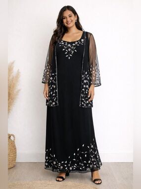 Night Scene California Black Embroidered Dress